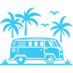 Icon of vintage van near palm trees